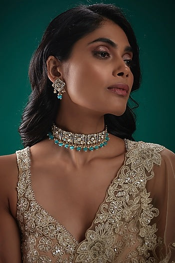 Two-Tone Finish Kundan Polki & Blue Beaded Necklace Set
