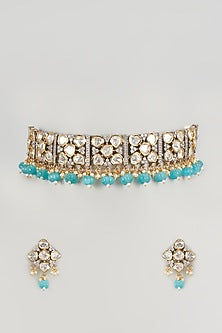 Two-Tone Finish Kundan Polki & Blue Beaded Necklace Set