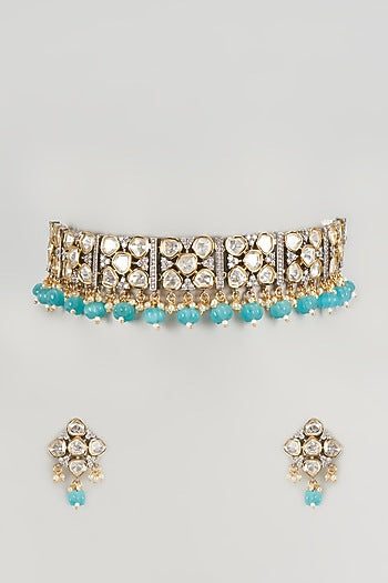 Two-Tone Finish Kundan Polki & Blue Beaded Necklace Set