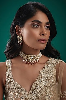 Gold Plated Kundan Polki & Pink Beaded Meenakari Choker Necklace Set