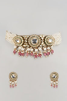Gold Plated Kundan Polki & Pink Beaded Meenakari Choker Necklace Set