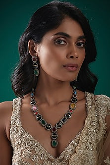 Black Rhodium Finish Multi-Colored Stone & Crystal Long Necklace Set