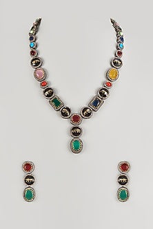 Black Rhodium Finish Multi-Colored Stone & Crystal Long Necklace Set