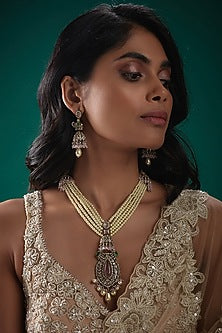 Black Rhodium Finish Kundan Polki & Green Stone Long Necklace Set