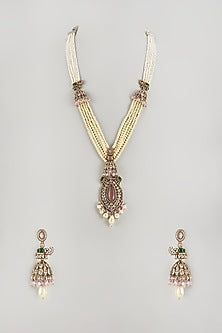 Black Rhodium Finish Kundan Polki & Green Stone Long Necklace Set