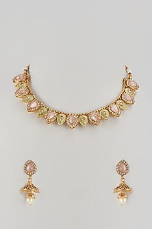 Gold Plated Kundan Polki & Pink Stone Meenakari Choker Necklace Set