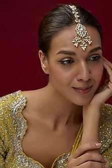 Gold Plated Kundan Polki & Pearl Meenakari Maangtikka