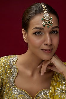 Gold Plated Kundan Polki & Beaded Meenakari Maangtikka