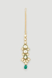 Gold Finish Beaded Green Enamelled Maangtikka