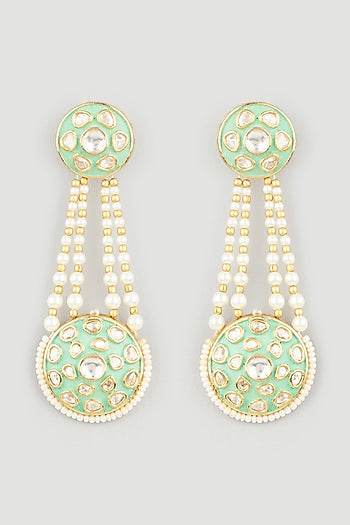 Gold Plated Pearl Mint Enamelled Dangler Earrings