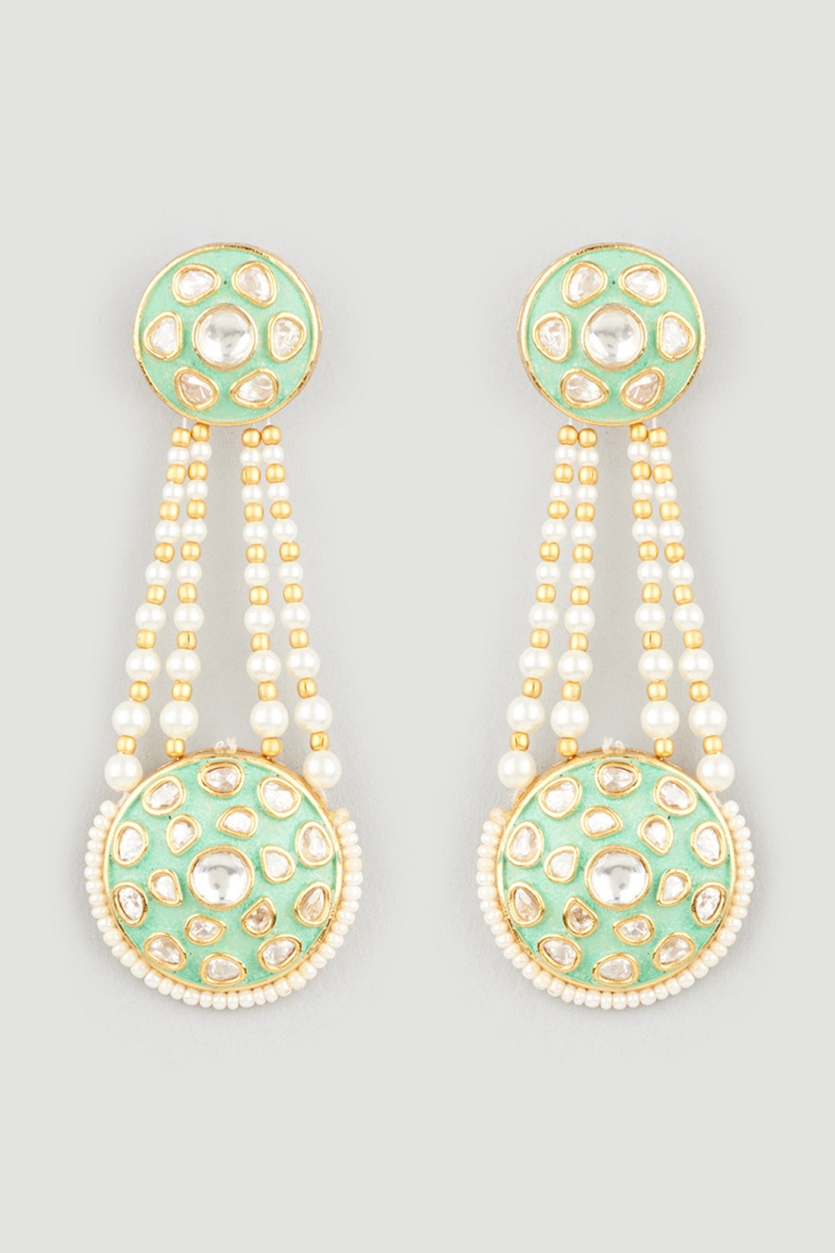 Gold Plated Pearl Mint Enamelled Dangler Earrings