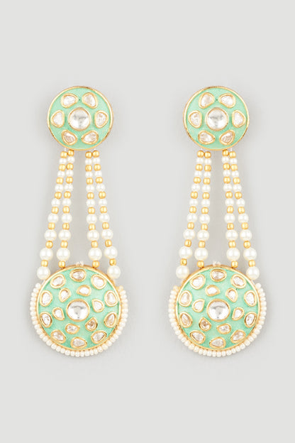 Gold Plated Pearl Mint Enamelled Dangler Earrings