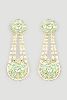 Gold Plated Pearl Mint Enamelled Dangler Earrings