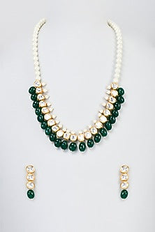 Gold Plated Green Agate Beaded Long Necklace Set