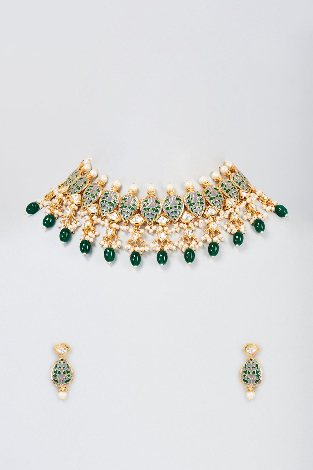 Gold Plated Emerald Agate Beaded Meenakari Necklace Set