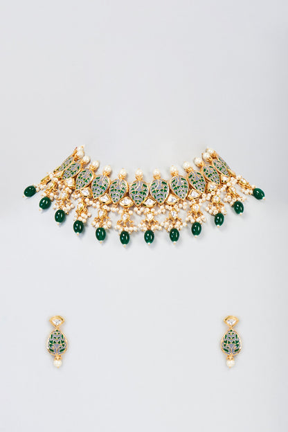 Gold Plated Emerald Agate Beaded Meenakari Necklace Set