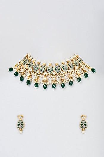 Gold Plated Emerald Agate Beaded Meenakari Necklace Set