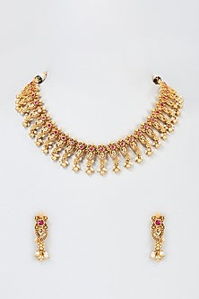 Gold Plated Ruby Kemp Stone Temple Necklace Set