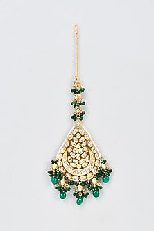 Gold Plated Emerald Agate Beaded Maangtikka