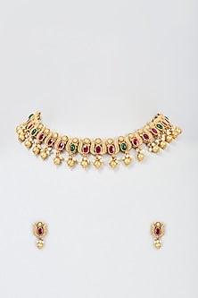Gold Plated Ruby & Emerald Kemp Stone Temple Necklace Set