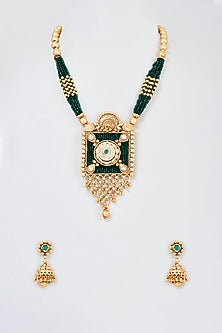 Gold Plated Emerald Stone Long Necklace Set