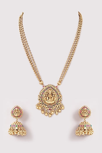 Gold Finish Kemp Stone & Beaded Pendant Necklace Set