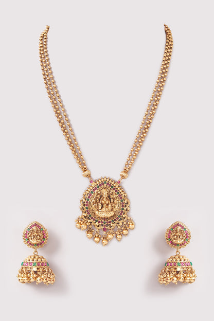 Gold Finish Kemp Stone & Beaded Pendant Necklace Set
