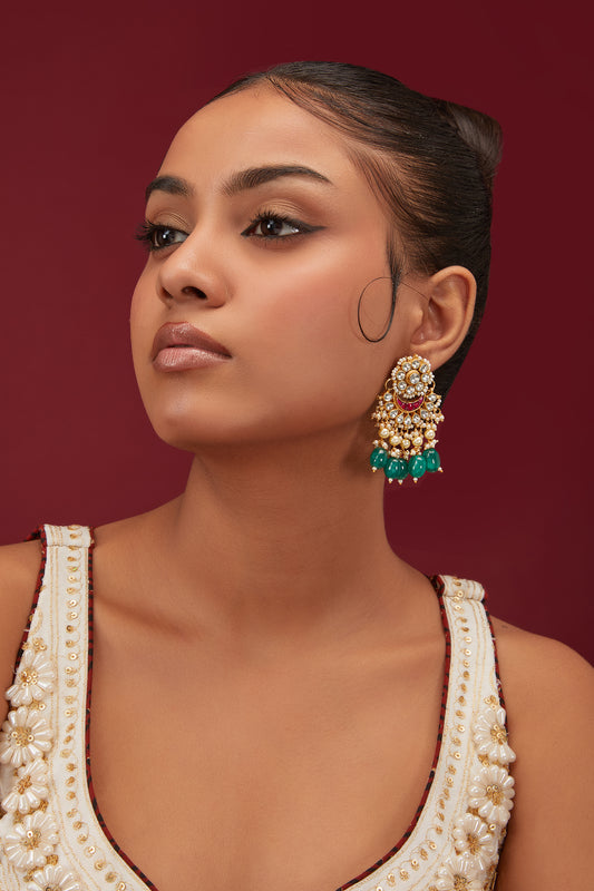 Gold Plated Kundan Polki & Beaded Chandbali Earrings