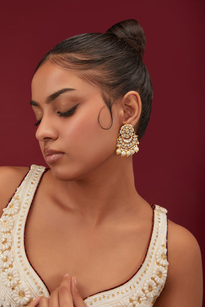 Gold Plated Kundan Polki & Pearl Chandbali Earrings