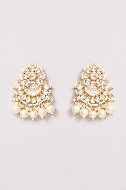 Gold Plated Kundan Polki & Pearl Chandbali Earrings