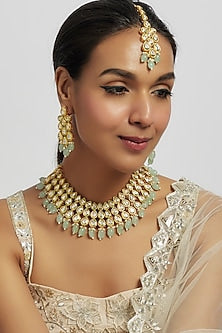 Gold Plated Kundan Polki & Green Beaded Necklace Set