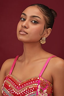 Gold Finish Kemp Stone & Beaded Temple Dangler Earrings