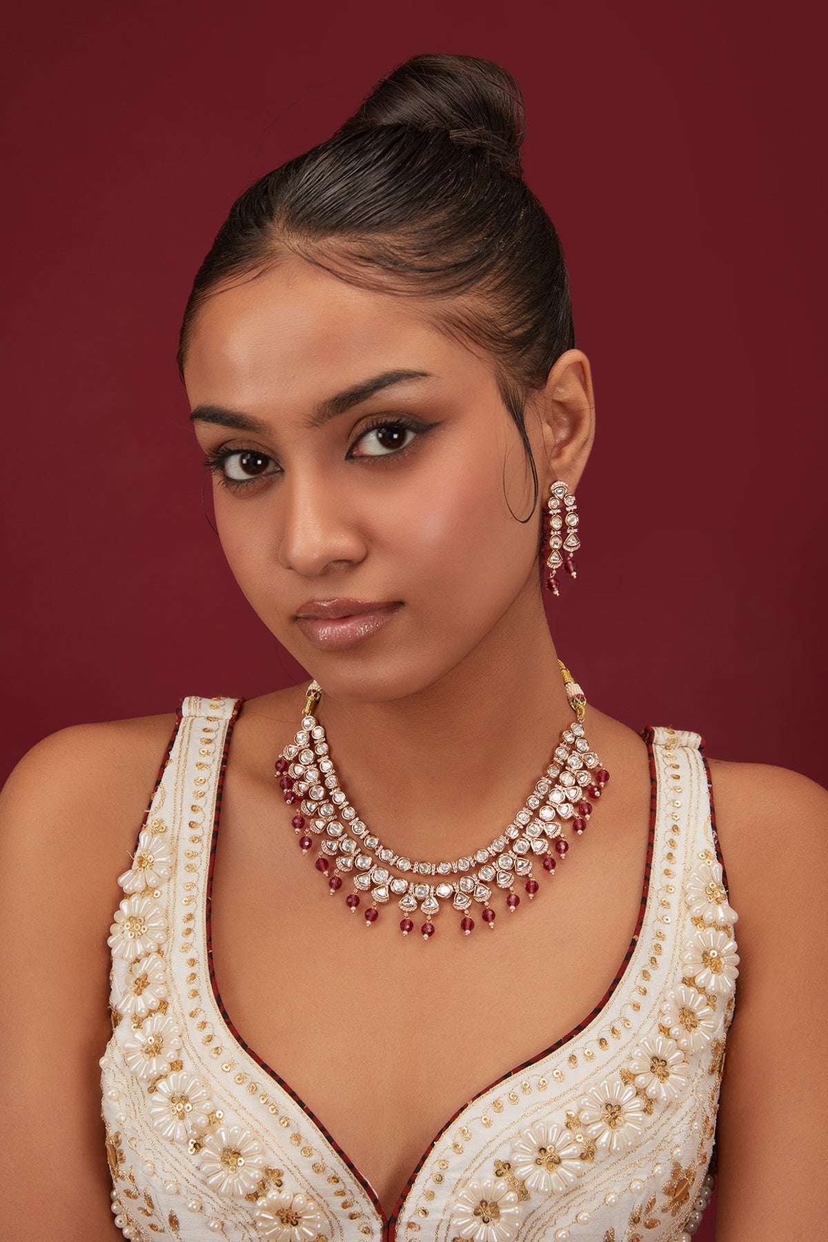 Gold Plated Kundan Polki & Beaded Necklace Set