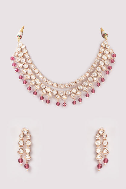 Gold Plated Kundan Polki & Beaded Necklace Set