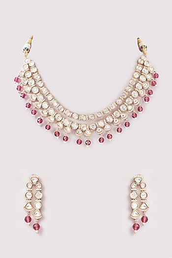 Gold Plated Kundan Polki & Beaded Necklace Set