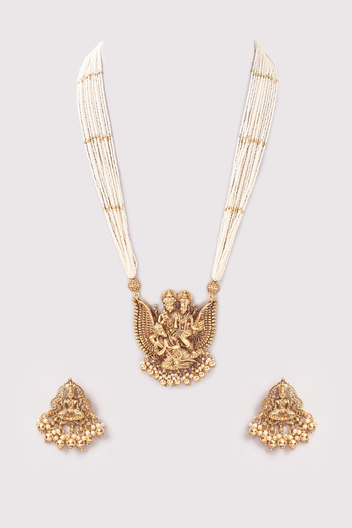 Gold Finish Pearl & Beaded Pendant Necklace Set