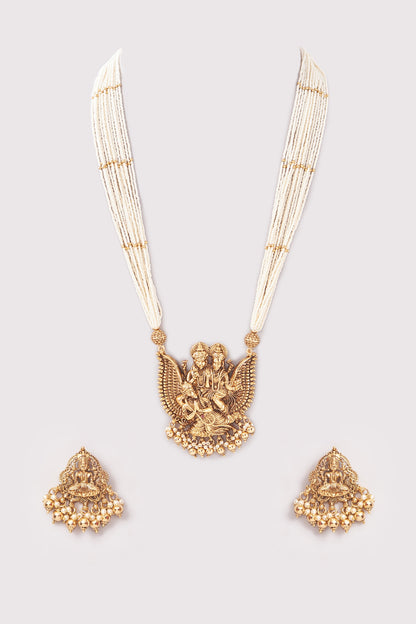 Gold Finish Pearl & Beaded Pendant Necklace Set