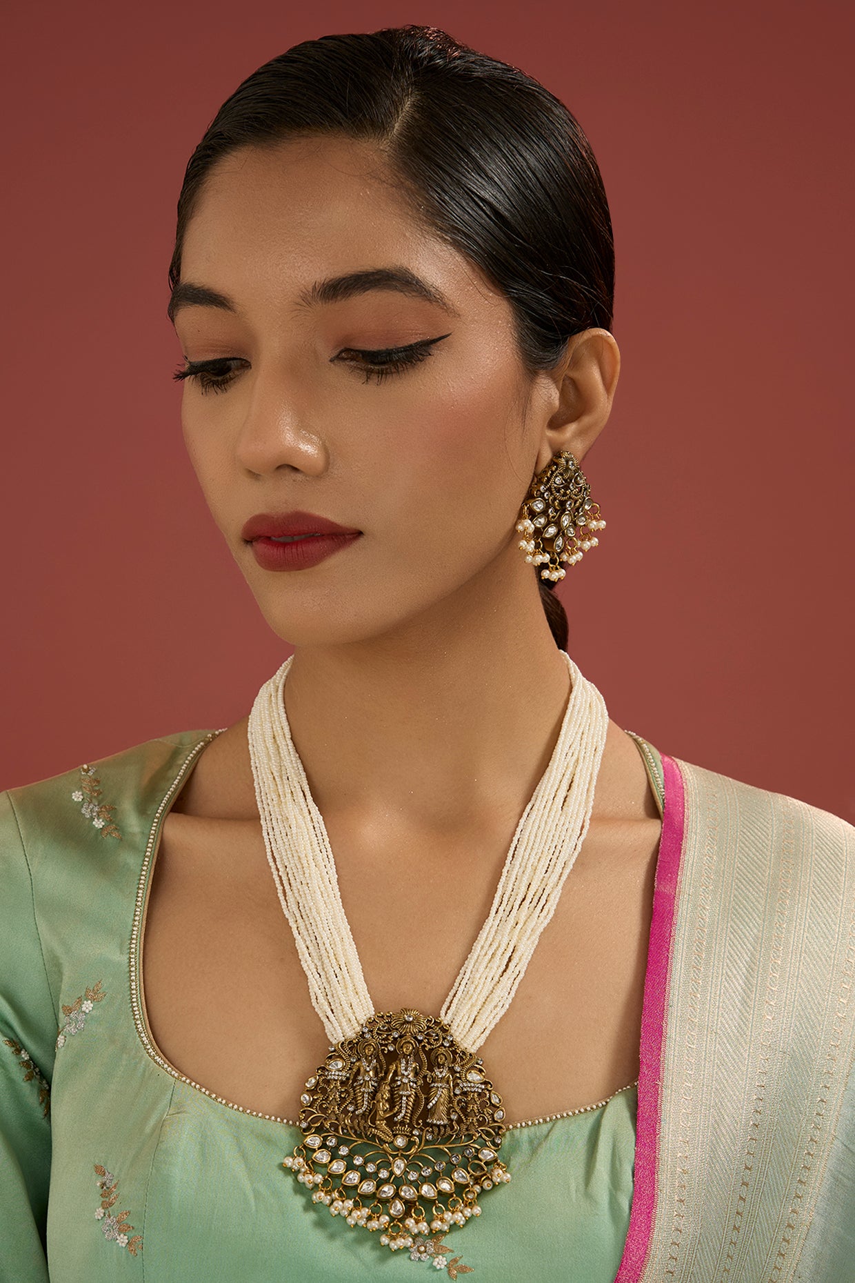 Two Tone Finish Siya Ram Long Temple Necklace Set