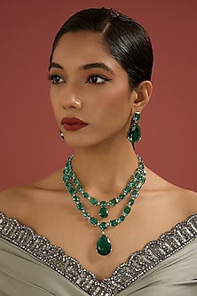 White Finish Emerald Green Cubic Zirconia Layered Necklace Set