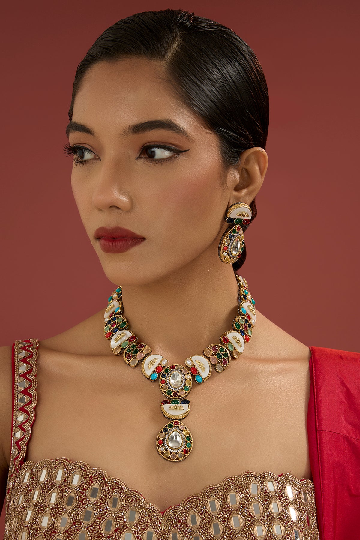 Two Tone Finish Kundan Polki & Multi-Colored Stone Necklace Set