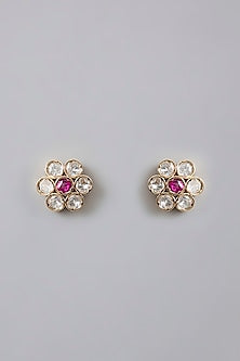 Gold Plated Kundan Polki & Ruby Stone Stud Earrings