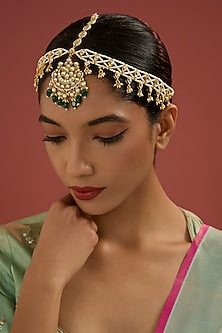 Gold Plated Kundan Polki & Emerald Beaded Mathapatti