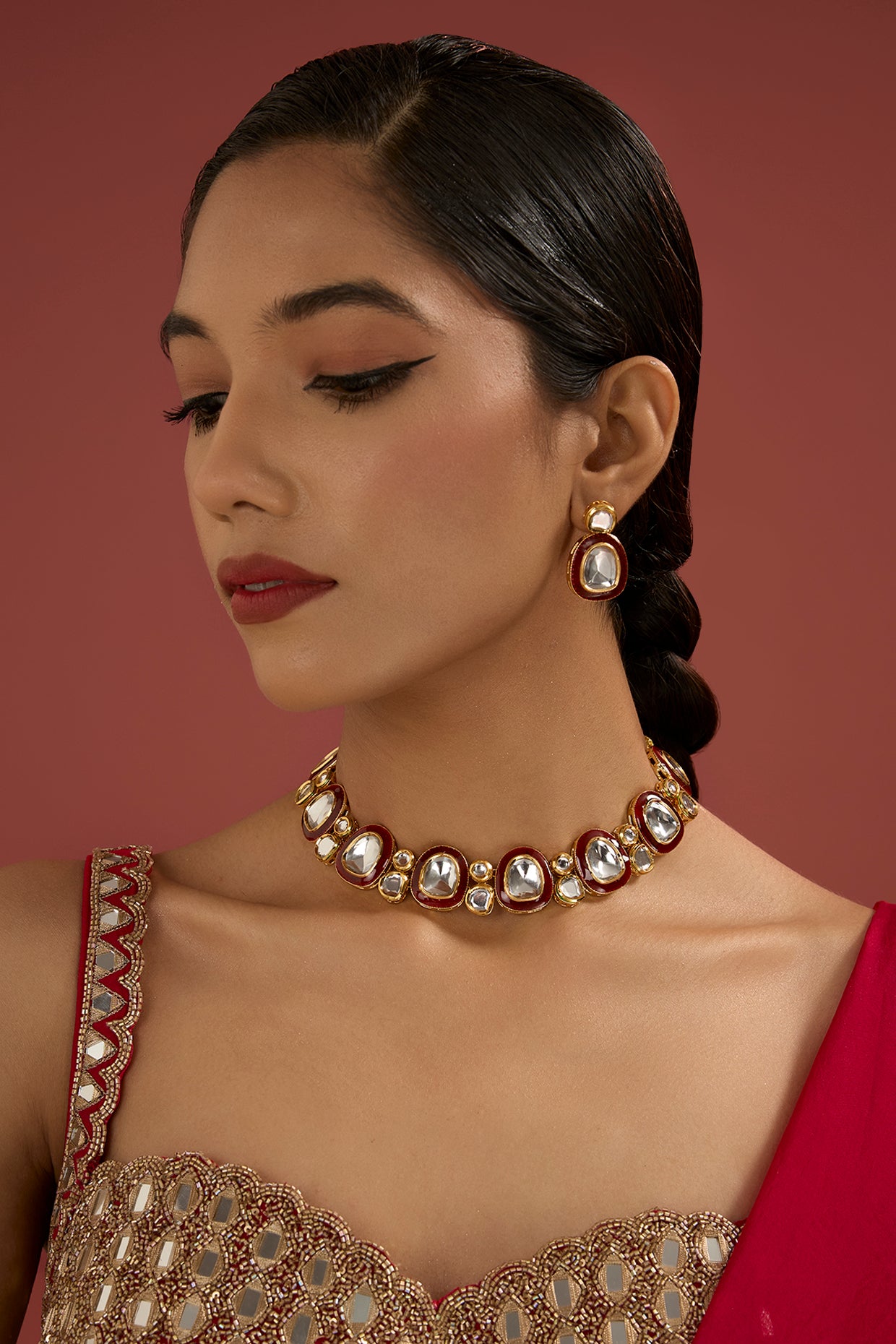 Gold Plated Kundan Polki Red Meenakari Necklace Set
