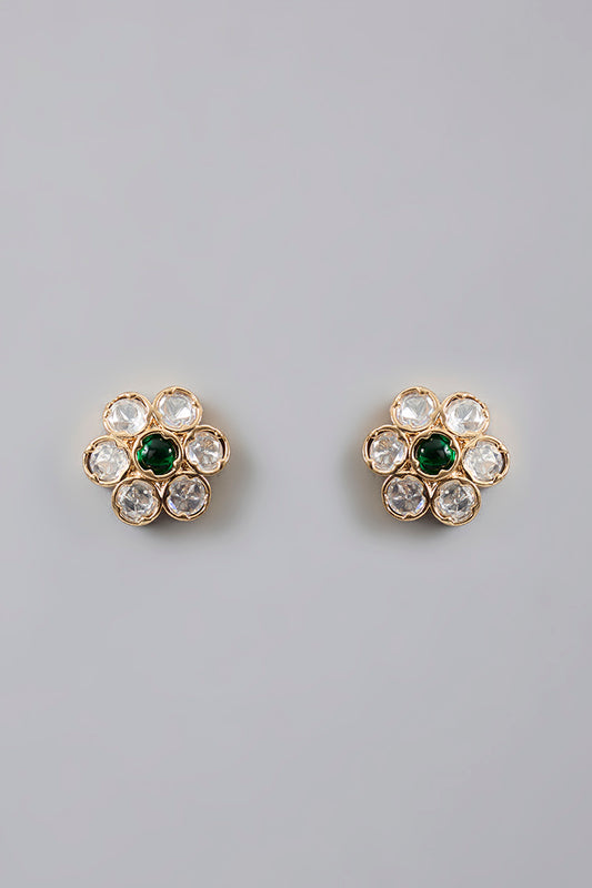 Gold Plated Kundan Polki & Green Stone Stud Earrings