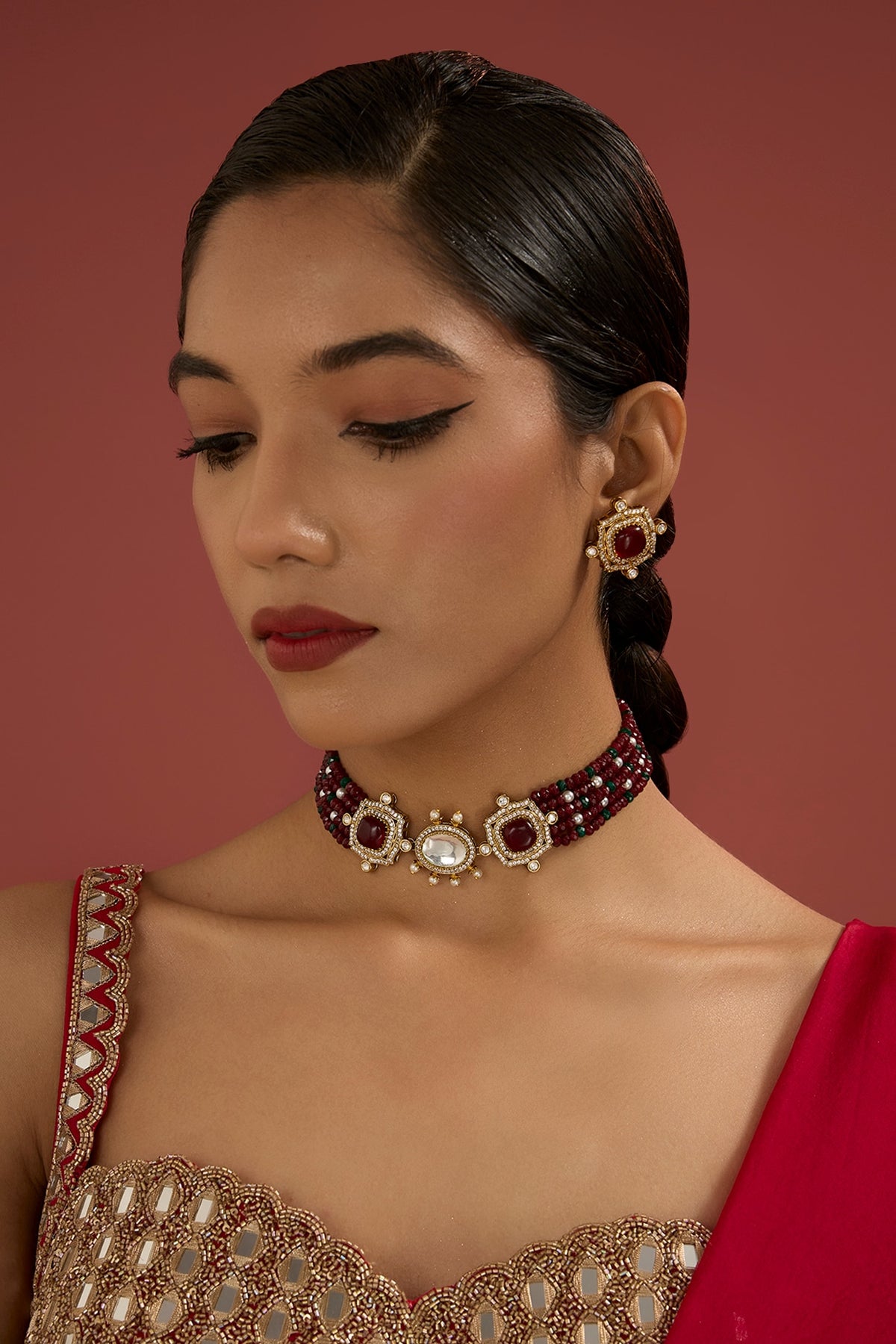 Gold Plated Kundan Polki & Red Beaded Choker Necklace Set
