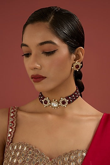 Gold Plated Kundan Polki & Red Beaded Choker Necklace Set
