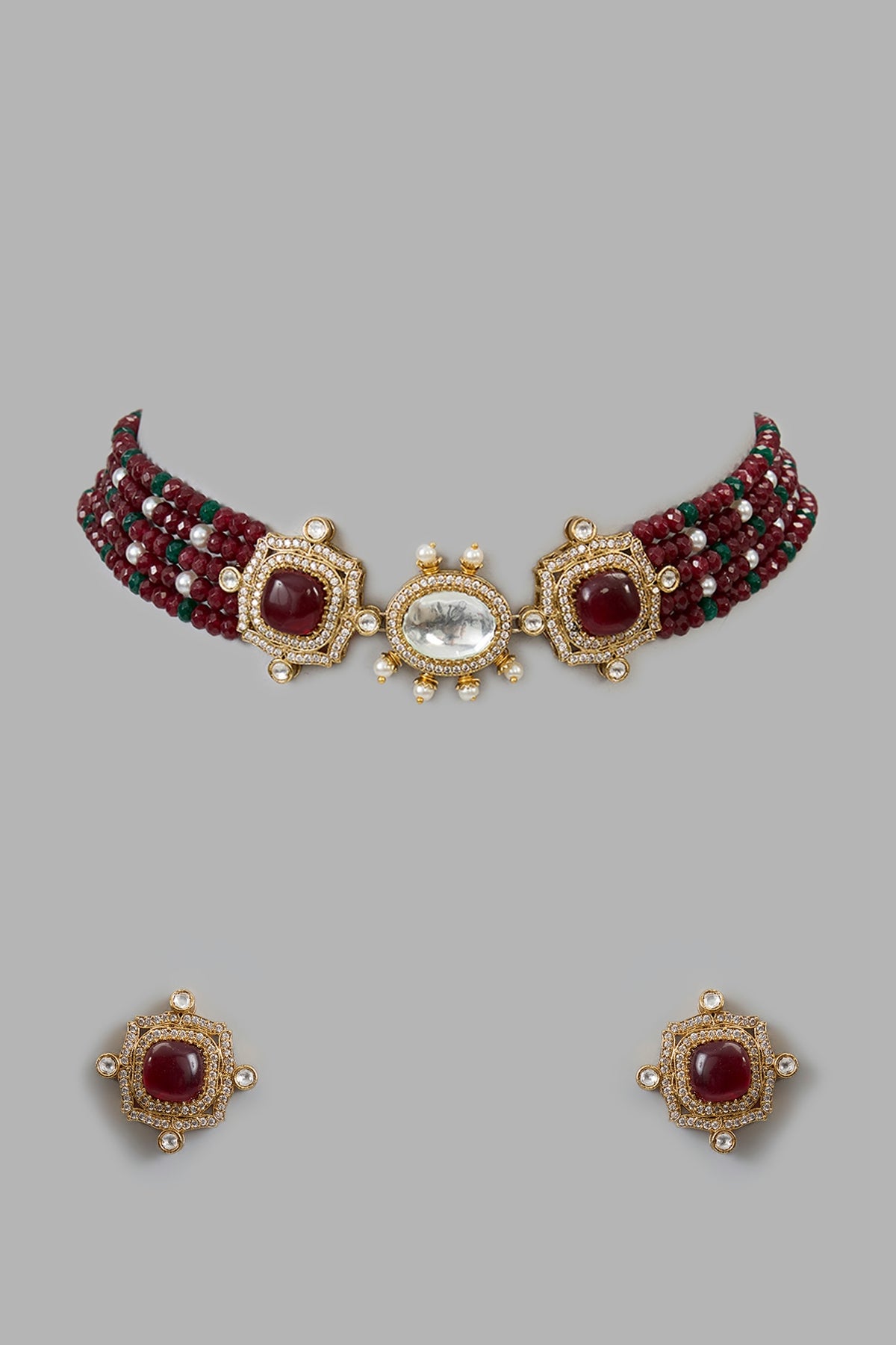 Gold Plated Kundan Polki & Red Beaded Choker Necklace Set