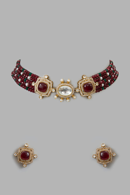 Gold Plated Kundan Polki & Red Beaded Choker Necklace Set