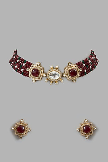Gold Plated Kundan Polki & Red Beaded Choker Necklace Set