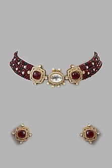Gold Plated Kundan Polki & Red Beaded Choker Necklace Set